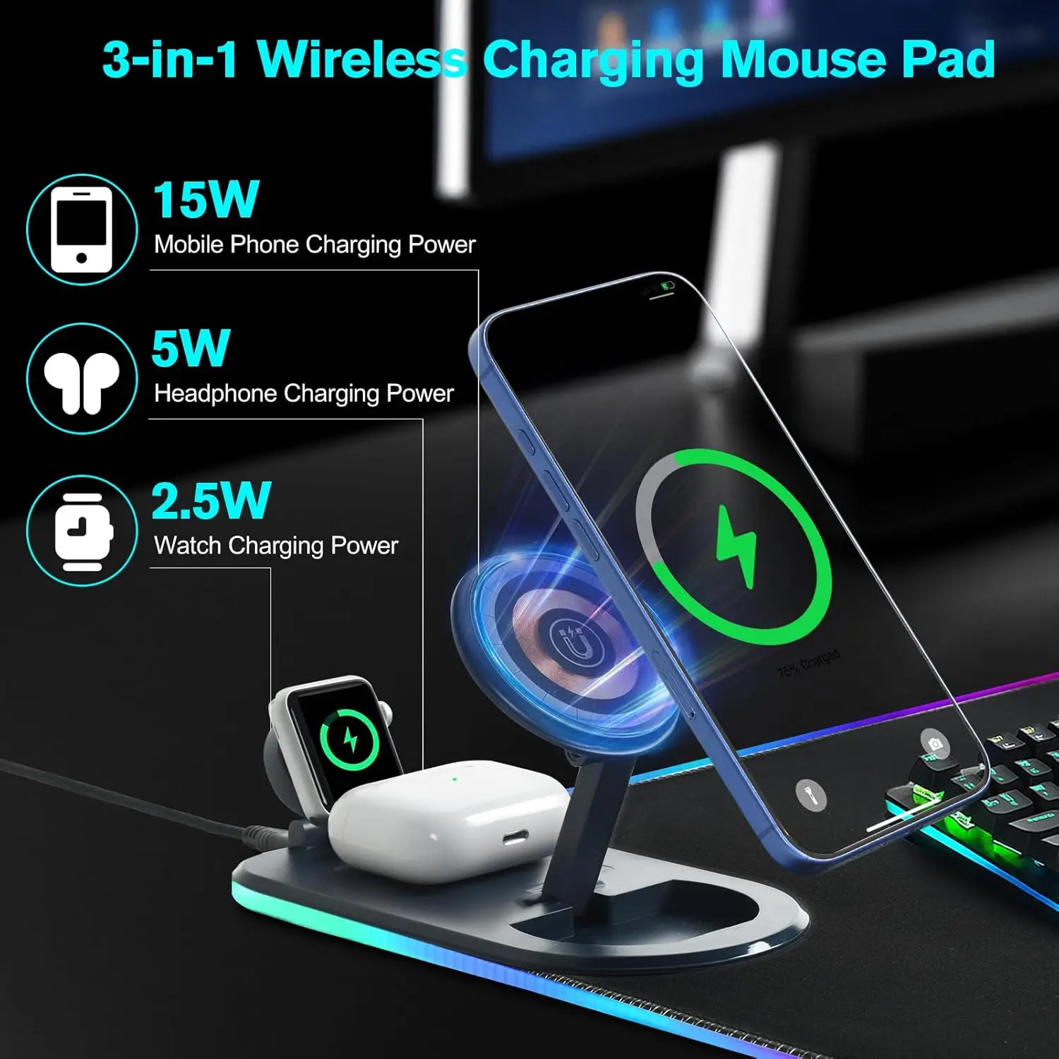 4-in-1 Wireless Charging Desk Mat with Phone Holder, RGB Gaming Mousepad, Large Waterproof Office Desk Pad, Ultra-Smooth Surface thumbnail 2