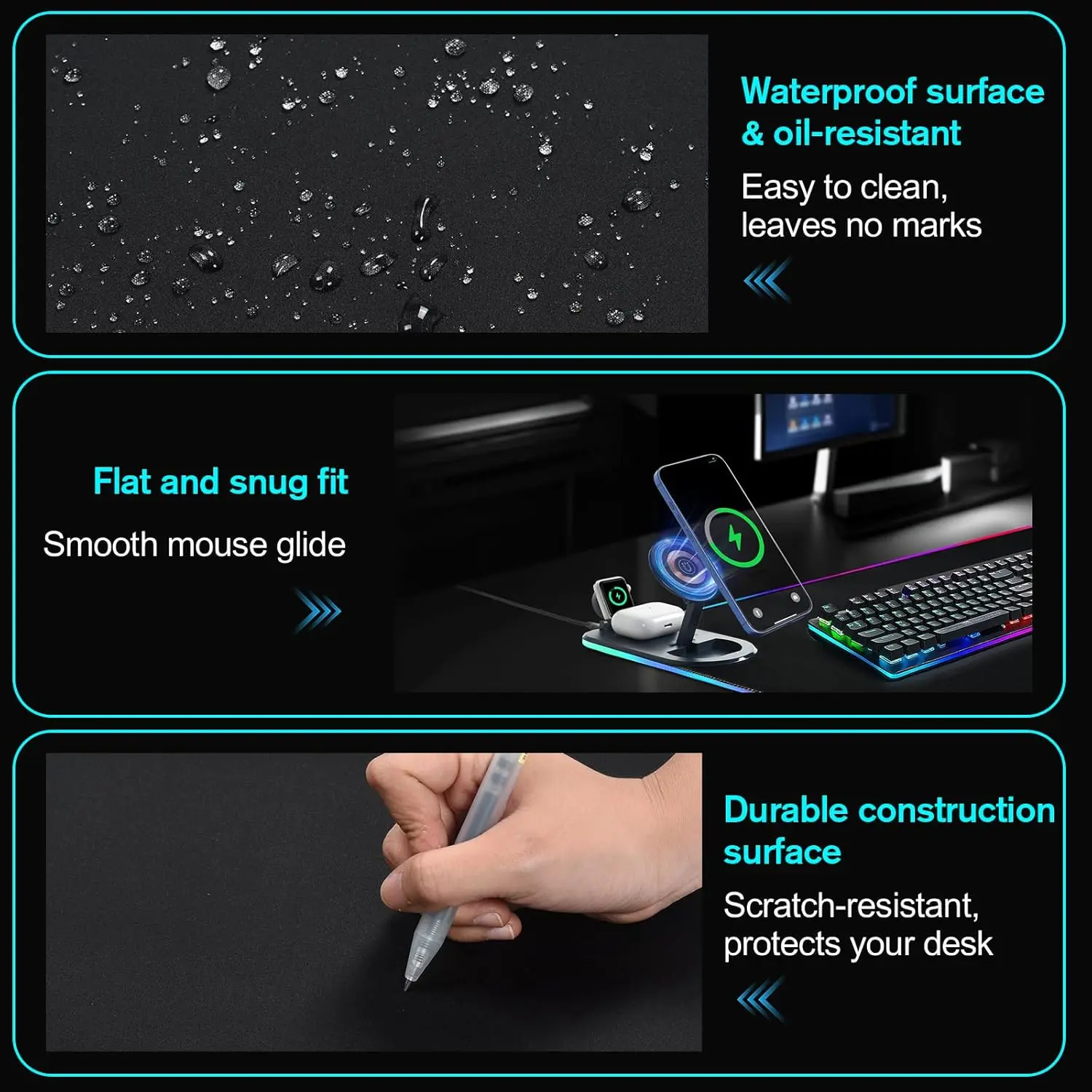 4-in-1 Wireless Charging Desk Mat with Phone Holder, RGB Gaming Mousepad, Large Waterproof Office Desk Pad, Ultra-Smooth Surface thumbnail 6