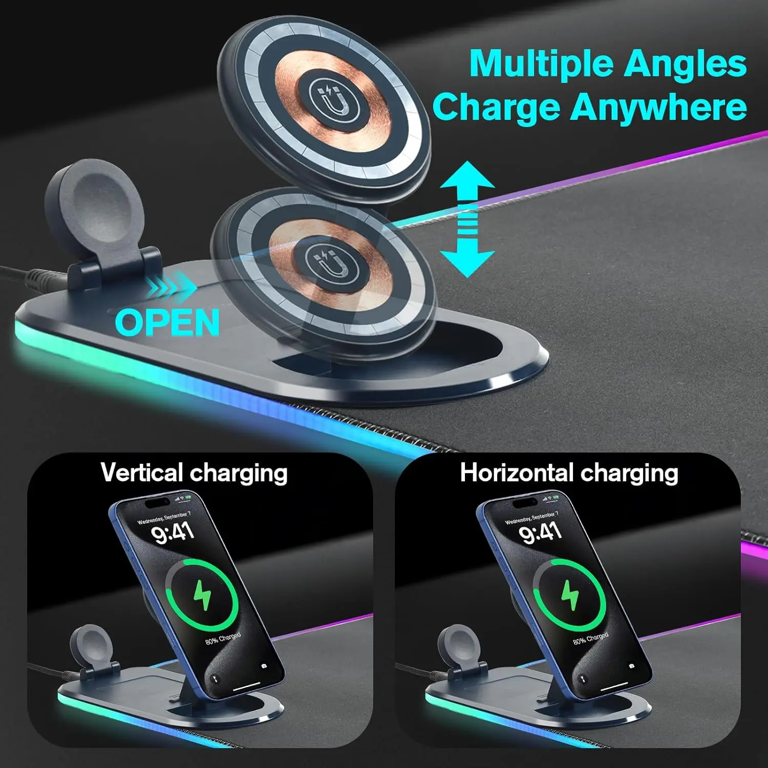 4-in-1 Wireless Charging Desk Mat with Phone Holder, RGB Gaming Mousepad, Large Waterproof Office Desk Pad, Ultra-Smooth Surface thumbnail 4