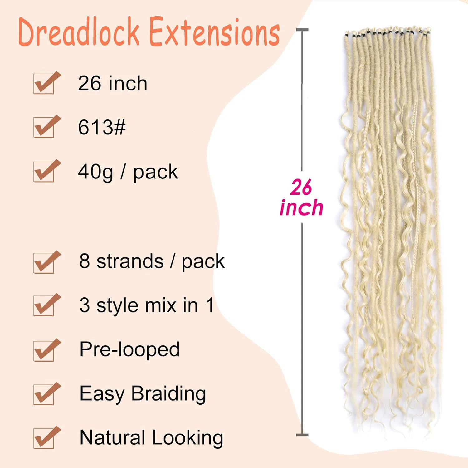 24 Inch Synthetic 8 Strands/Lot SE Dreadlocs Braids Hair Extensions, 3 In 1 Mixed Hippie Style Single End Dreadslocks for Women thumbnail 3