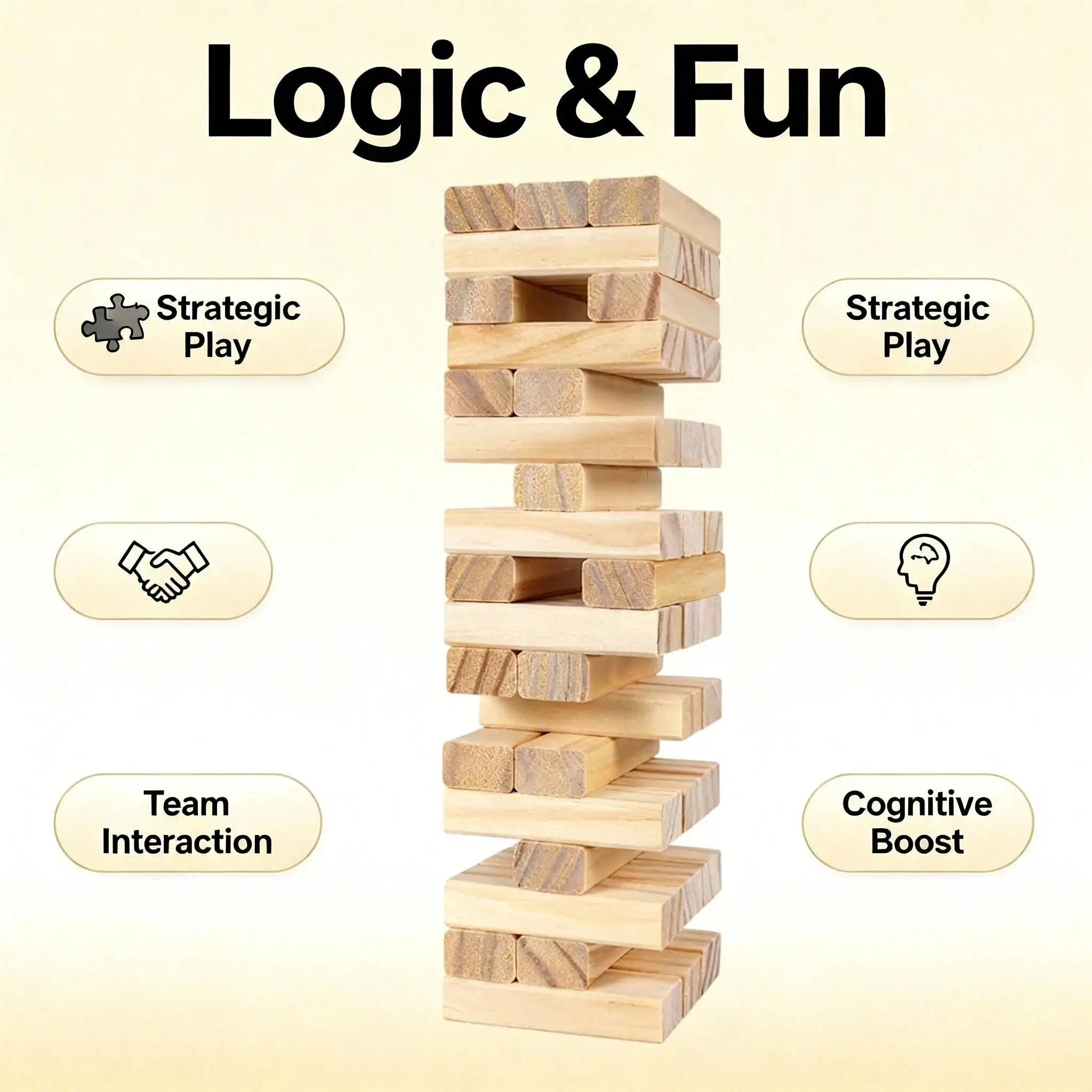 Classic Tower Game - 54 Pieces Wooden Stacking Blocks for Family Kids, Brain Teaser Balance Party Game, Educational Pullin thumbnail 3