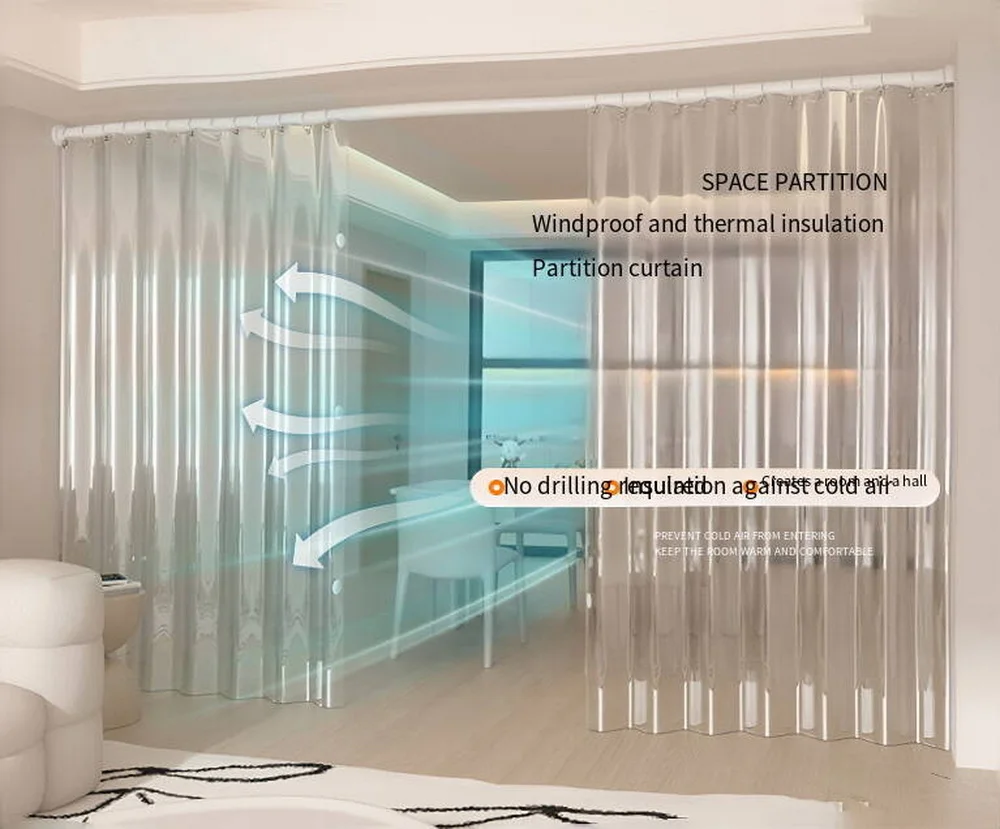 Clear PVC Door Curtain Large-Ring No-Punching Transparent Waterproof Washable Home Room Divider Partition thumbnail 2
