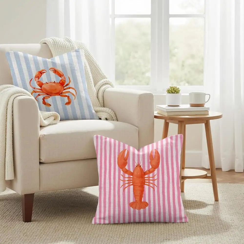 Ocean Life Theme Striped Cushion Cover Organic Linen Pillow Case Double-Sided Print Cushion Cover for Sofa Home Decor Gift thumbnail 2