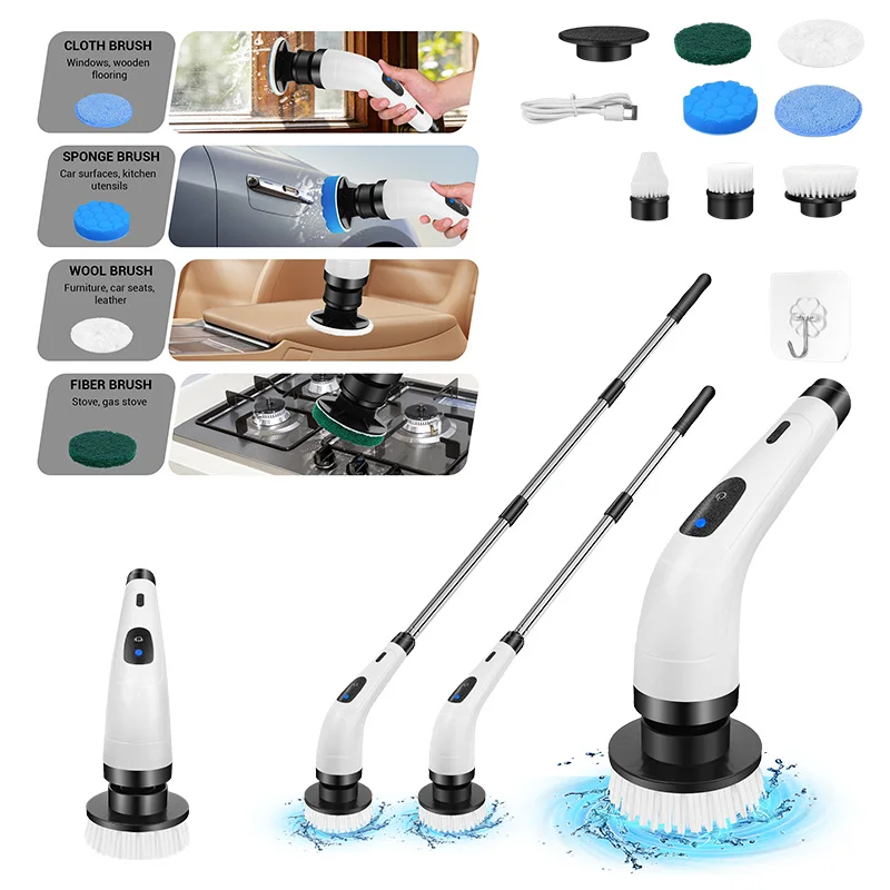 BRIEFNESS Cordless Electric Spin Scrubber, Waterproof, 2 Speeds, Telescopic Handle, 7 Brush Heads, for Floor Tile Car, USB