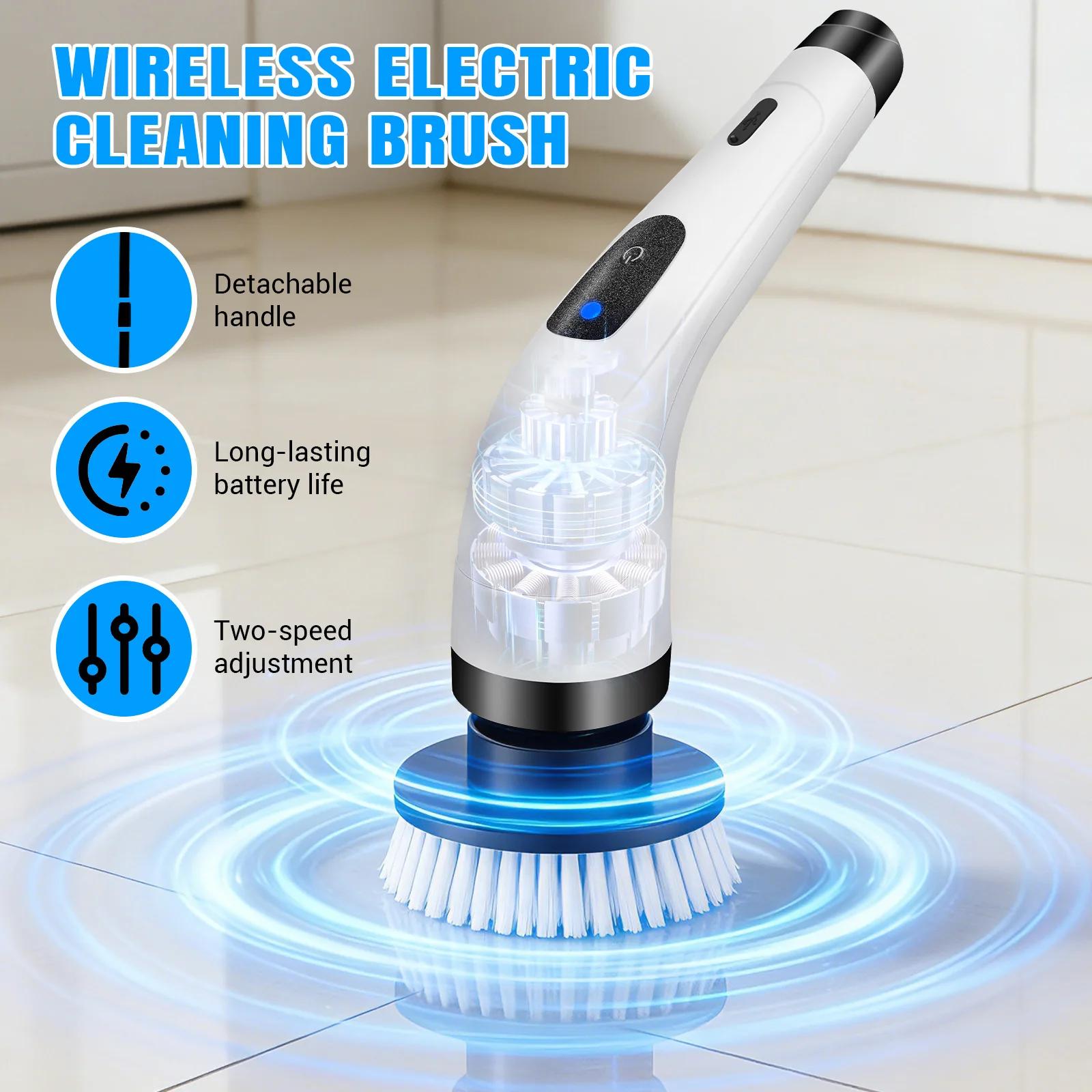 BRIEFNESS Cordless Electric Spin Scrubber, Waterproof, 2 Speeds, Telescopic Handle, 7 Brush Heads, for Floor Tile Car, USB thumbnail 2