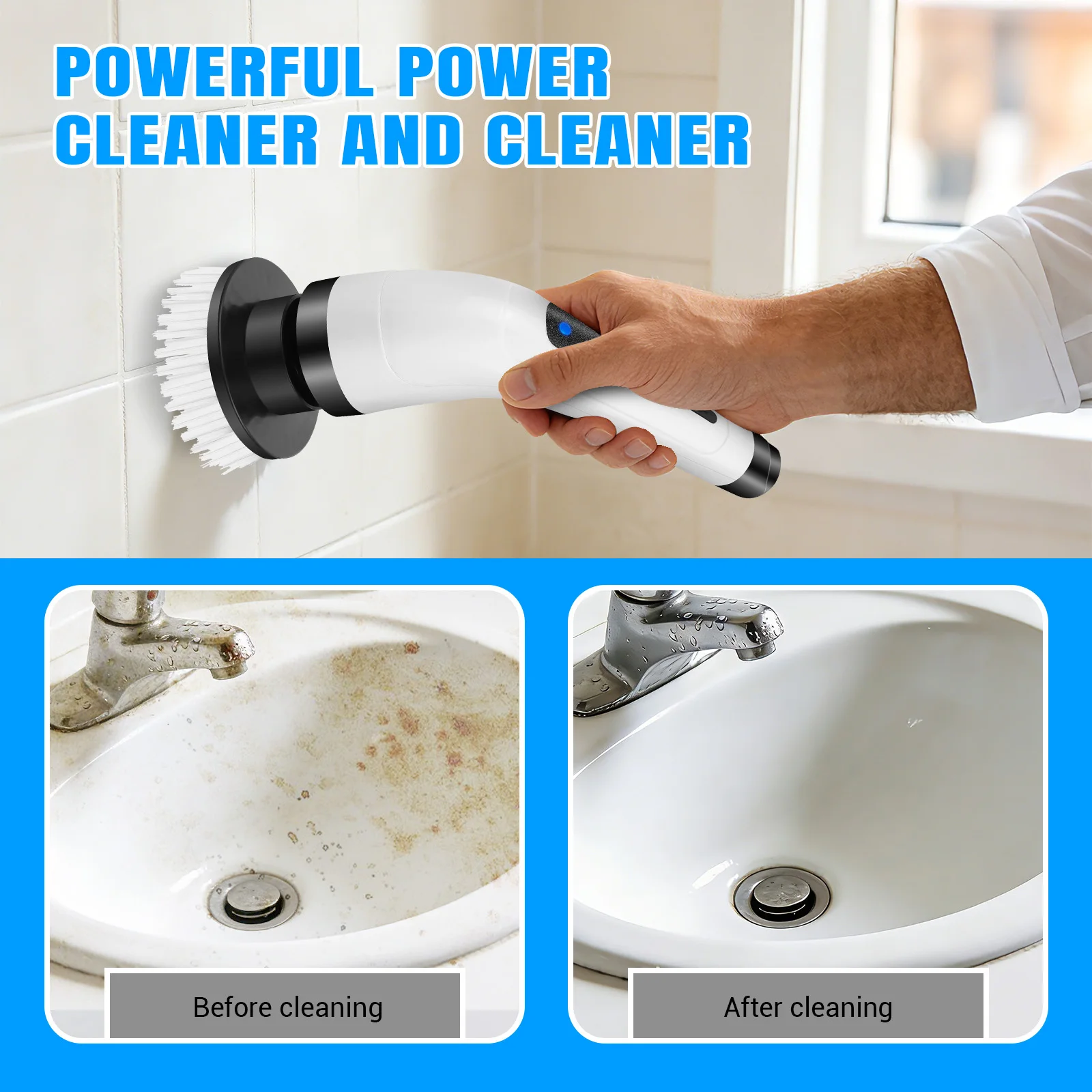 BRIEFNESS Cordless Electric Spin Scrubber, Waterproof, 2 Speeds, Telescopic Handle, 7 Brush Heads, for Floor Tile Car, USB thumbnail 3
