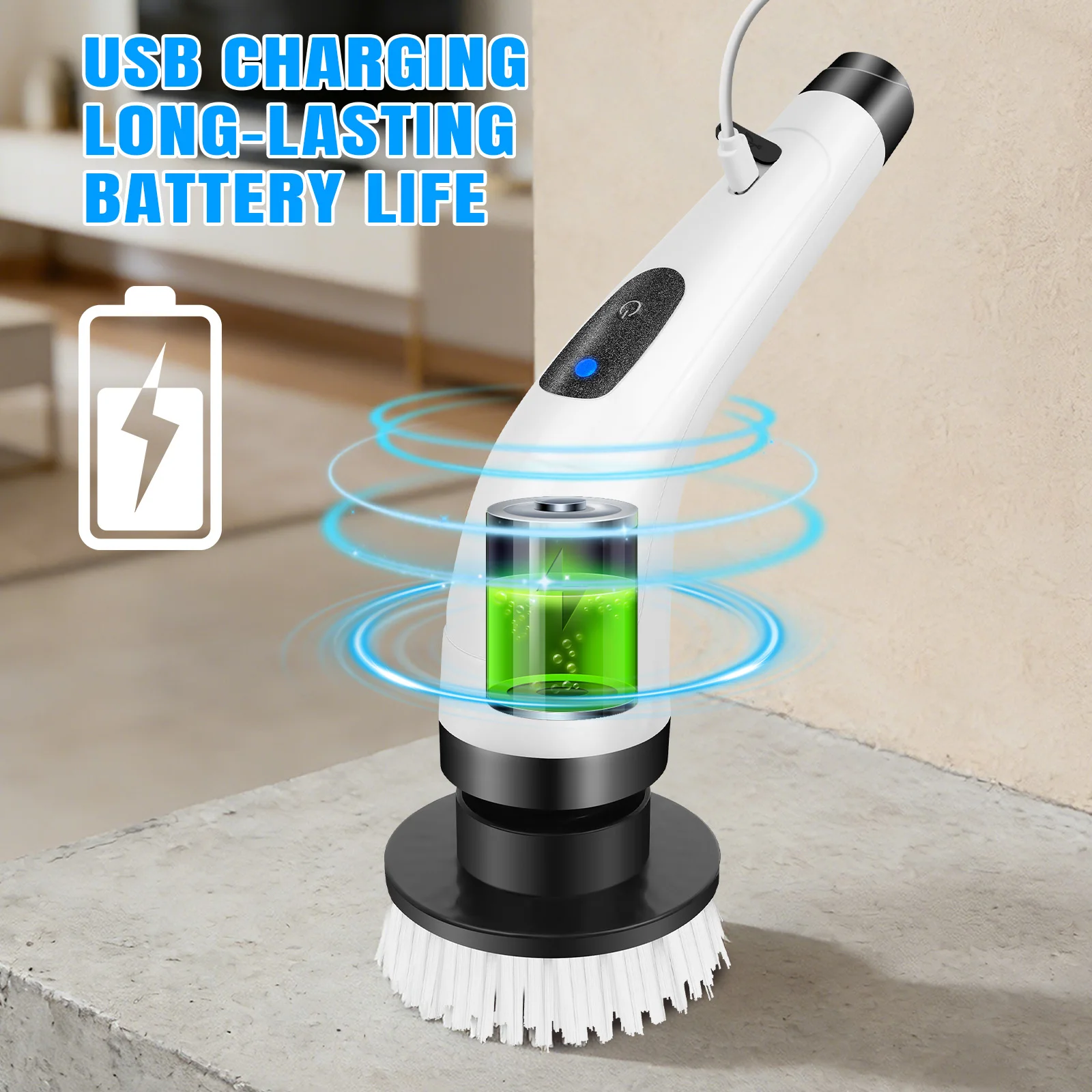 BRIEFNESS Cordless Electric Spin Scrubber, Waterproof, 2 Speeds, Telescopic Handle, 7 Brush Heads, for Floor Tile Car, USB thumbnail 6