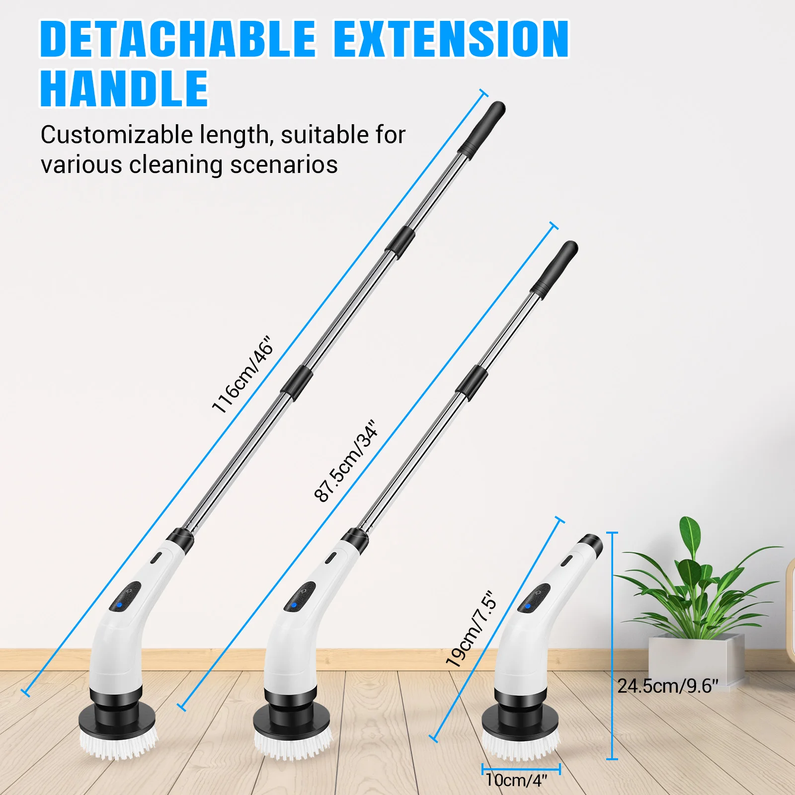 BRIEFNESS Cordless Electric Spin Scrubber, Waterproof, 2 Speeds, Telescopic Handle, 7 Brush Heads, for Floor Tile Car, USB thumbnail 4