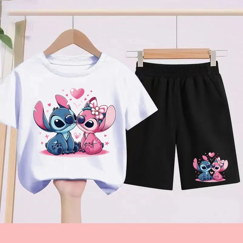 Kids Disney Stitch Print Summer Cute Breathable Tees + Shorts 2pcs 3-12 Years Boy Girls Round-neck Set Children Leisure Clothing thumbnail 3