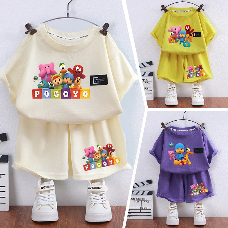 POCOYOES Boy Girl Summer T-shirt Set Kid Clothes Shorts Cartoon Children Birthday Tops Tees Sport Tracksuits Outfits Clothing