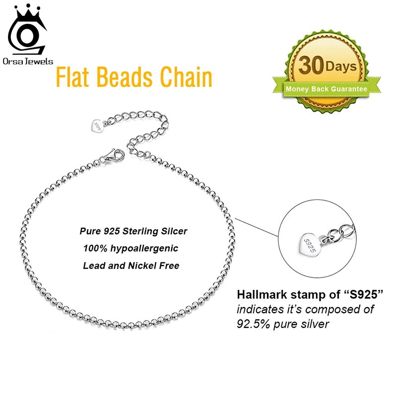 ORSA JEWELS Genuine 925 Sterling Silver 1.7MM Flat Beaded Link Chain Anklet Minimalist Summer Fashion Foot Bracelet Jewelry SA13 thumbnail 5