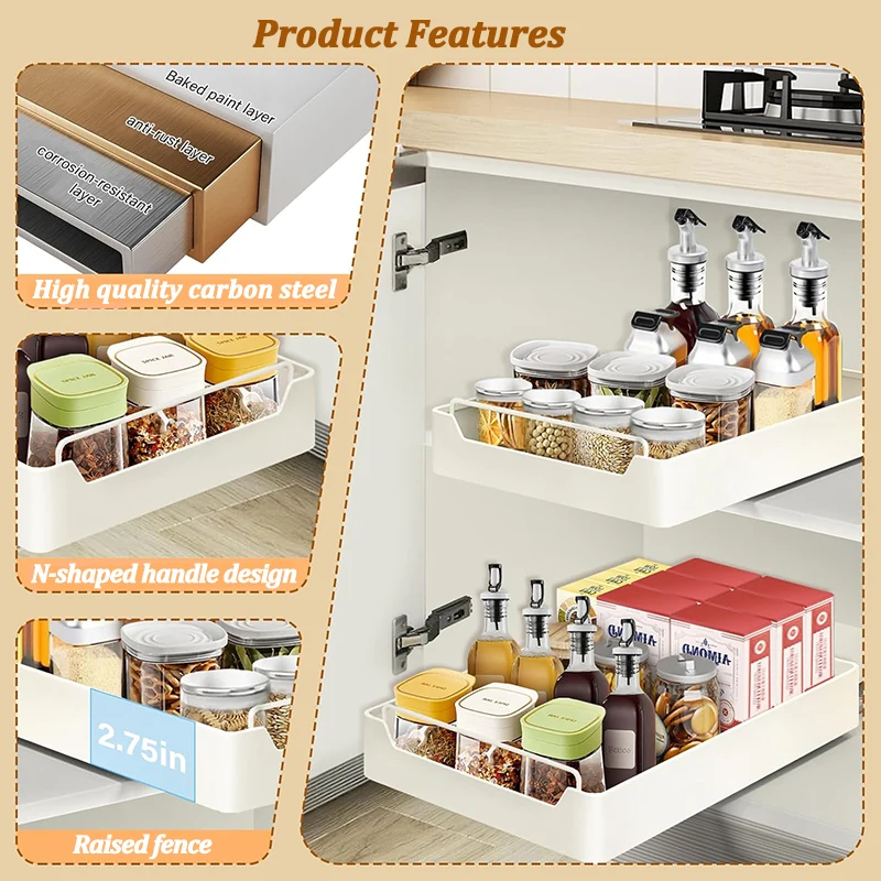 Kitchen Storage Box with Sliding Rail Pull-out Cabinet Storage Rack Spice Pantry Shelves Drawer Kitchen Organizer Basket thumbnail 3