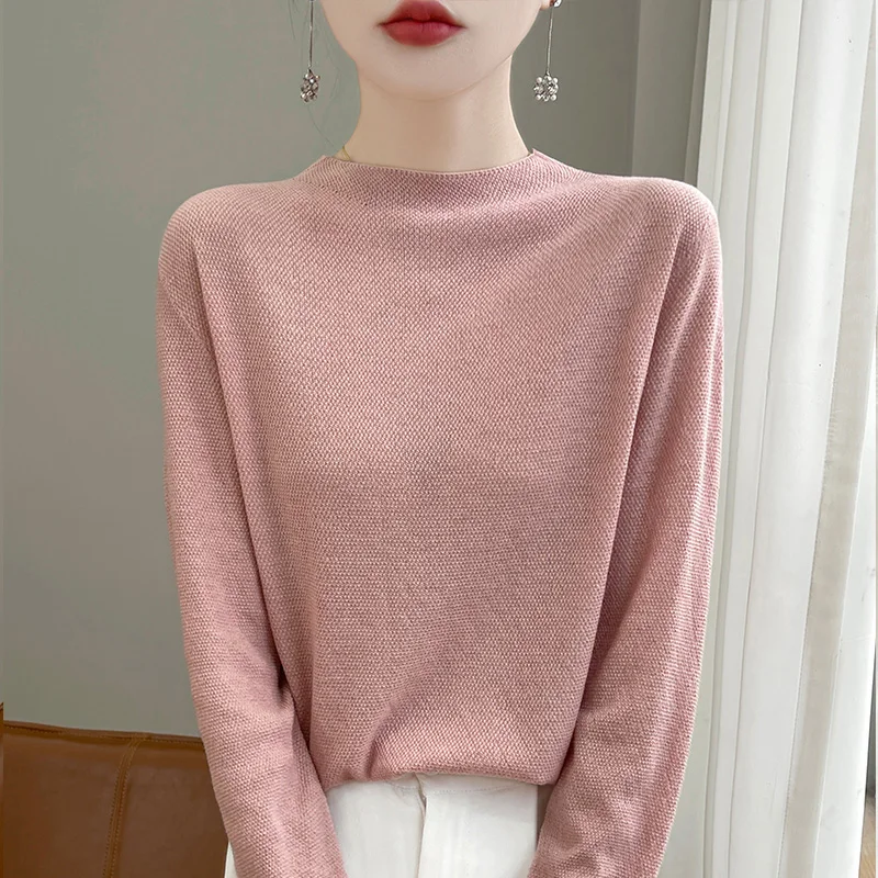 100% pure wool women's spring thin loose casual fashion knitting with casual semi-high collar and sweater. thumbnail 6