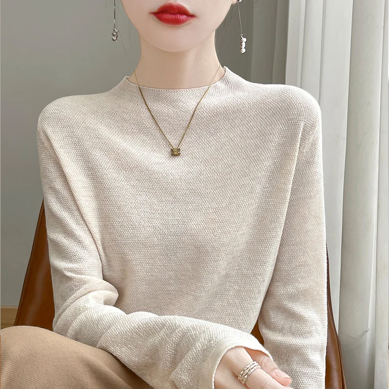 100% pure wool women's spring thin loose casual fashion knitting with casual semi-high collar and sweater. thumbnail 4