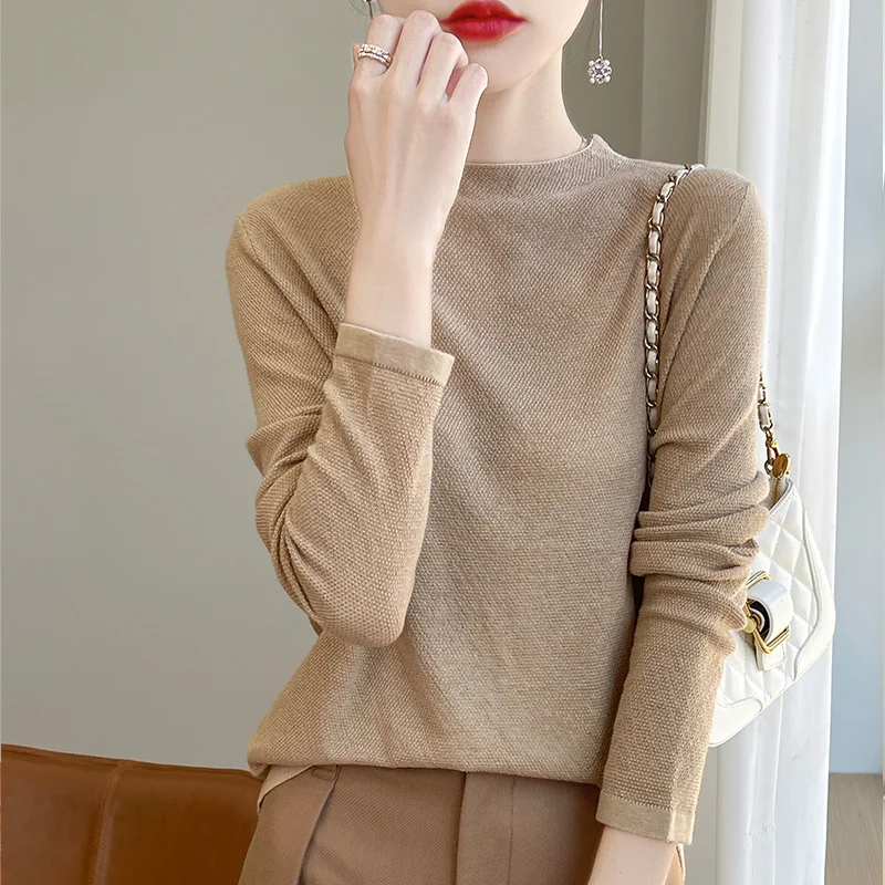 100% pure wool women's spring thin loose casual fashion knitting with casual semi-high collar and sweater.