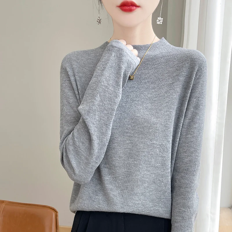 100% pure wool women's spring thin loose casual fashion knitting with casual semi-high collar and sweater. thumbnail 3