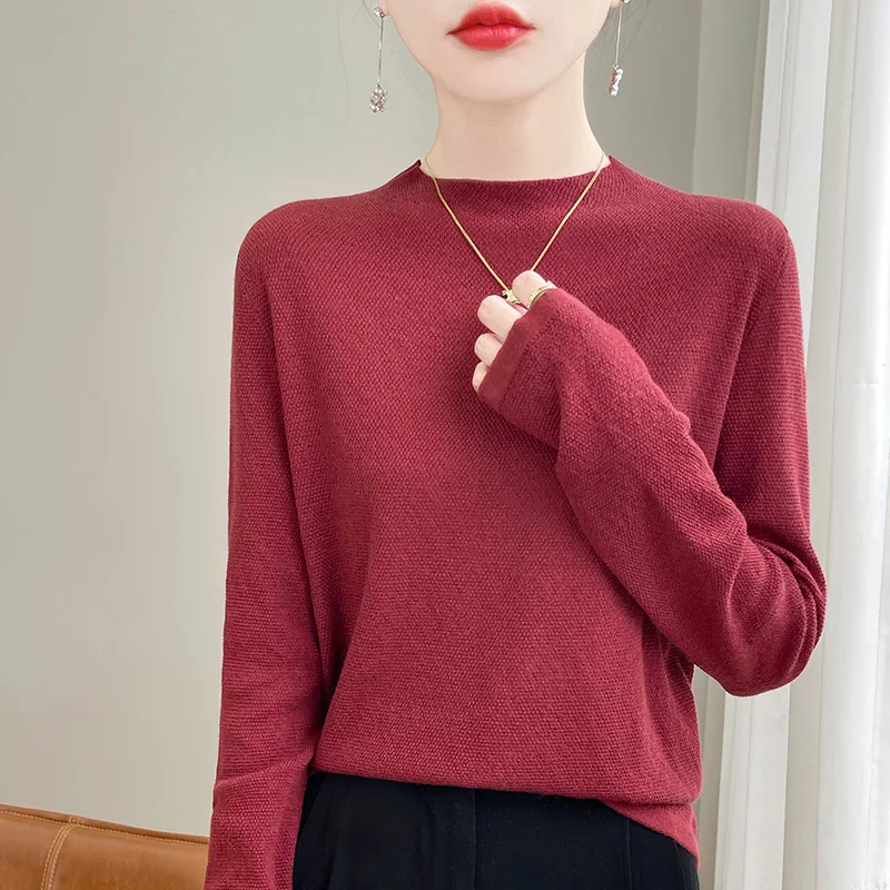 100% pure wool women's spring thin loose casual fashion knitting with casual semi-high collar and sweater. thumbnail 5