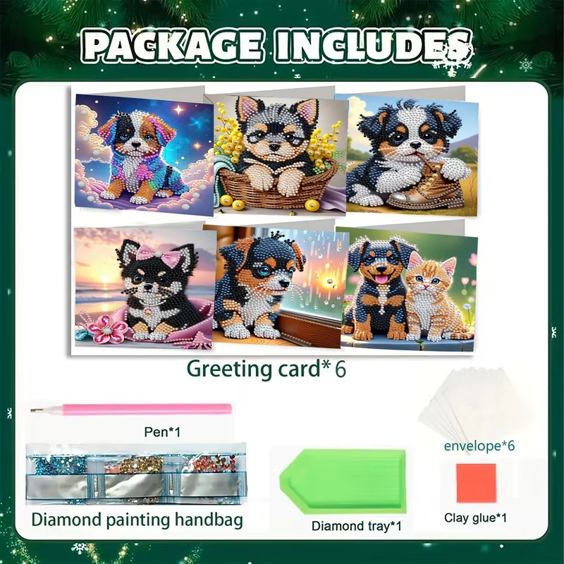 6-piece/set DIY Diamond Painting Kit Birthday Card Kit, unique animal and dog pattern design, rhinestone diamond painting art mo thumbnail 3