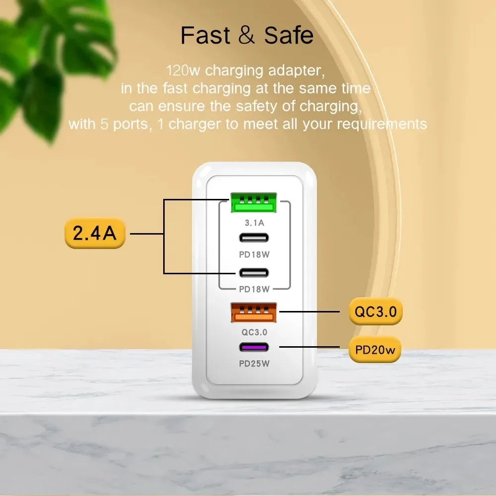 Total 120W 5 Ports USB Charger Type C Fast Charging Mobile Phone Wall Adapter For iPhone Samsung Xiaomi Huawei EU/US/UK Plug thumbnail 4