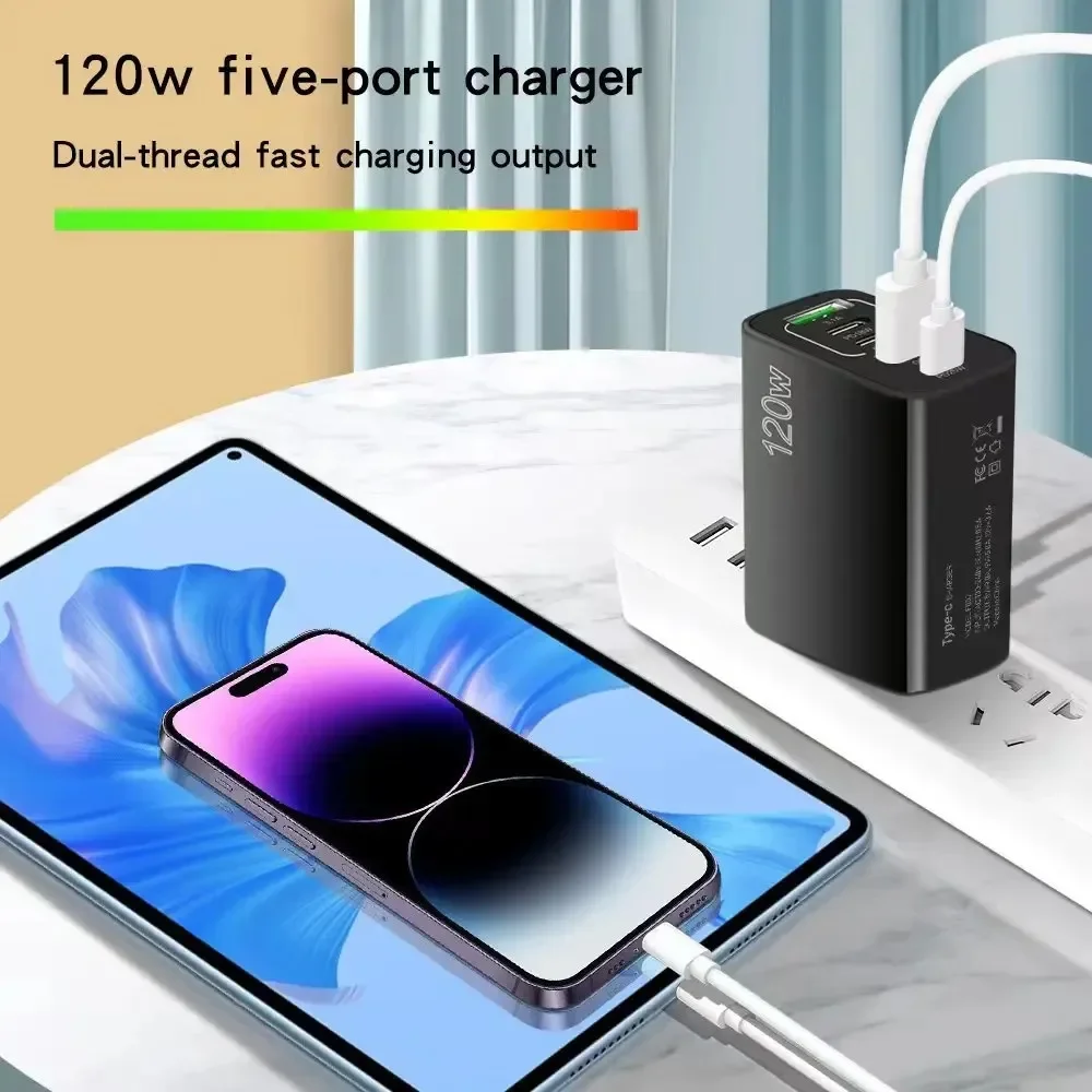 Total 120W 5 Ports USB Charger Type C Fast Charging Mobile Phone Wall Adapter For iPhone Samsung Xiaomi Huawei EU/US/UK Plug thumbnail 3