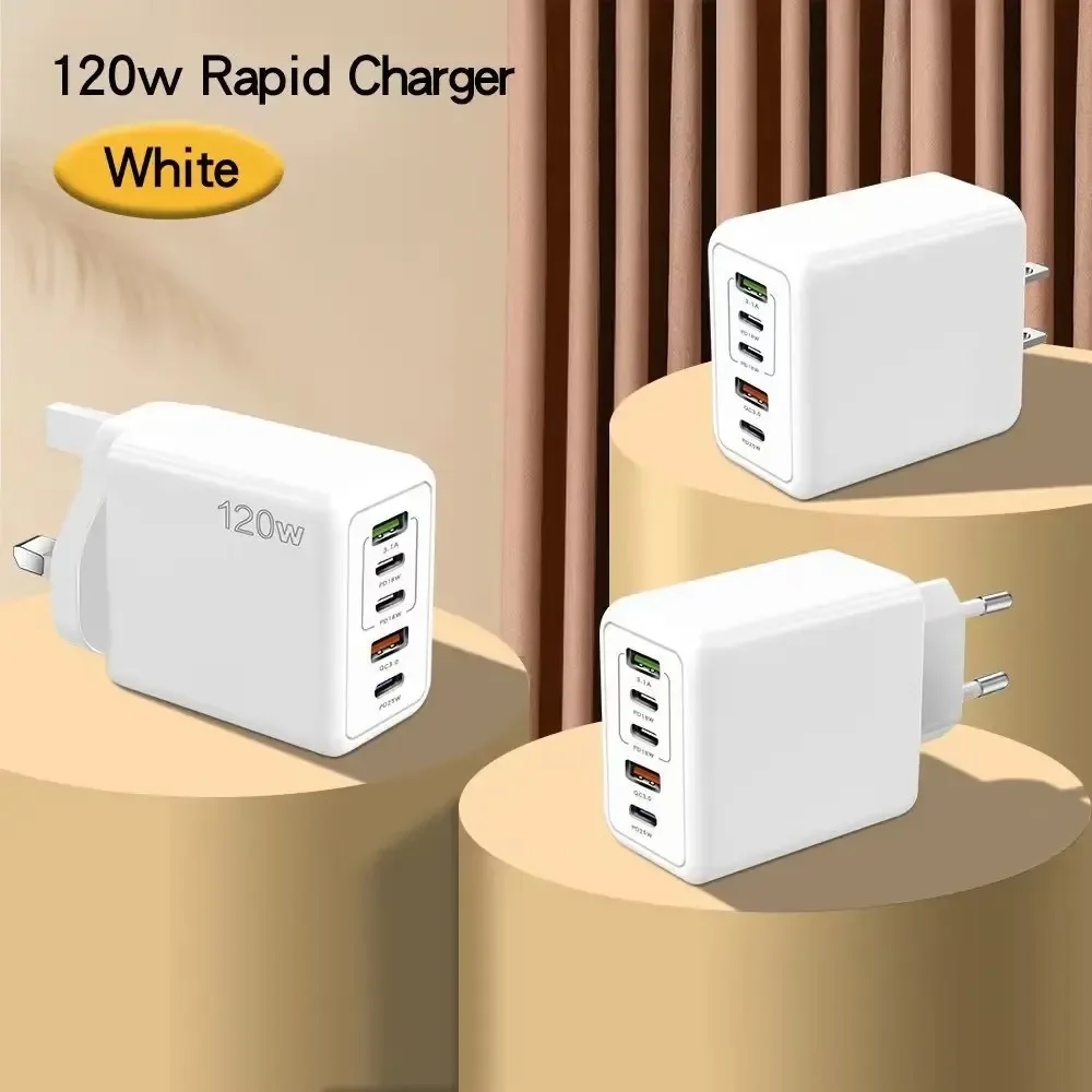 Total 120W 5 Ports USB Charger Type C Fast Charging Mobile Phone Wall Adapter For iPhone Samsung Xiaomi Huawei EU/US/UK Plug thumbnail 5