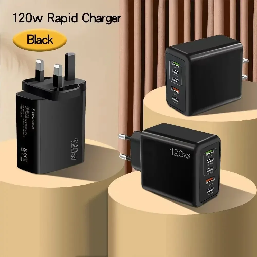 Total 120W 5 Ports USB Charger Type C Fast Charging Mobile Phone Wall Adapter For iPhone Samsung Xiaomi Huawei EU/US/UK Plug thumbnail 2