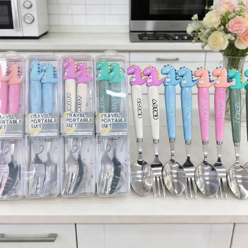 2Pcs Cute Cartoon Dinosaur Stainless Steel Spoon Fork Child Tableware Set With Box Kitchen Supplies For Dining Camping Accessory thumbnail 6
