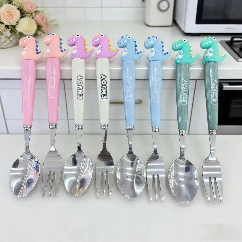 2Pcs Cute Cartoon Dinosaur Stainless Steel Spoon Fork Child Tableware Set With Box Kitchen Supplies For Dining Camping Accessory thumbnail 5