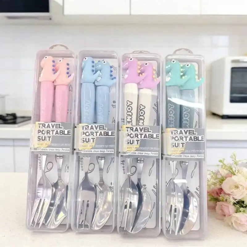 2Pcs Cute Cartoon Dinosaur Stainless Steel Spoon Fork Child Tableware Set With Box Kitchen Supplies For Dining Camping Accessory thumbnail 4
