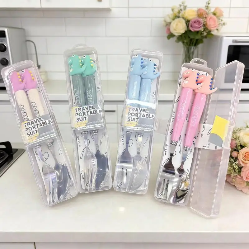 2Pcs Cute Cartoon Dinosaur Stainless Steel Spoon Fork Child Tableware Set With Box Kitchen Supplies For Dining Camping Accessory thumbnail 2