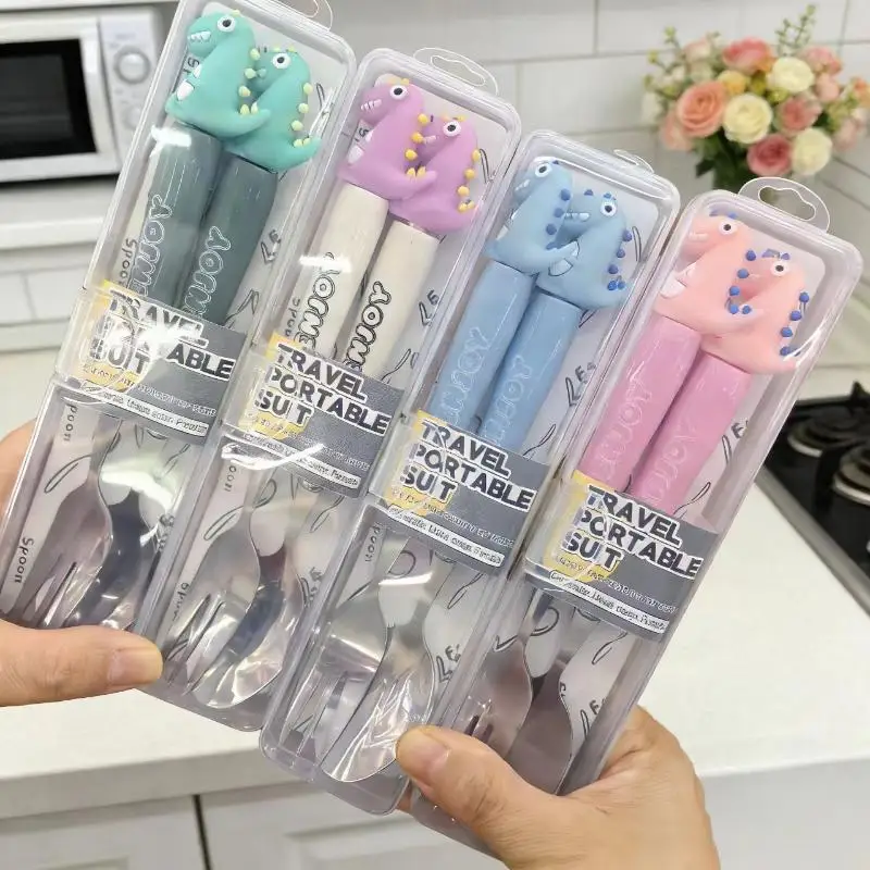 2Pcs Cute Cartoon Dinosaur Stainless Steel Spoon Fork Child Tableware Set With Box Kitchen Supplies For Dining Camping Accessory thumbnail 3