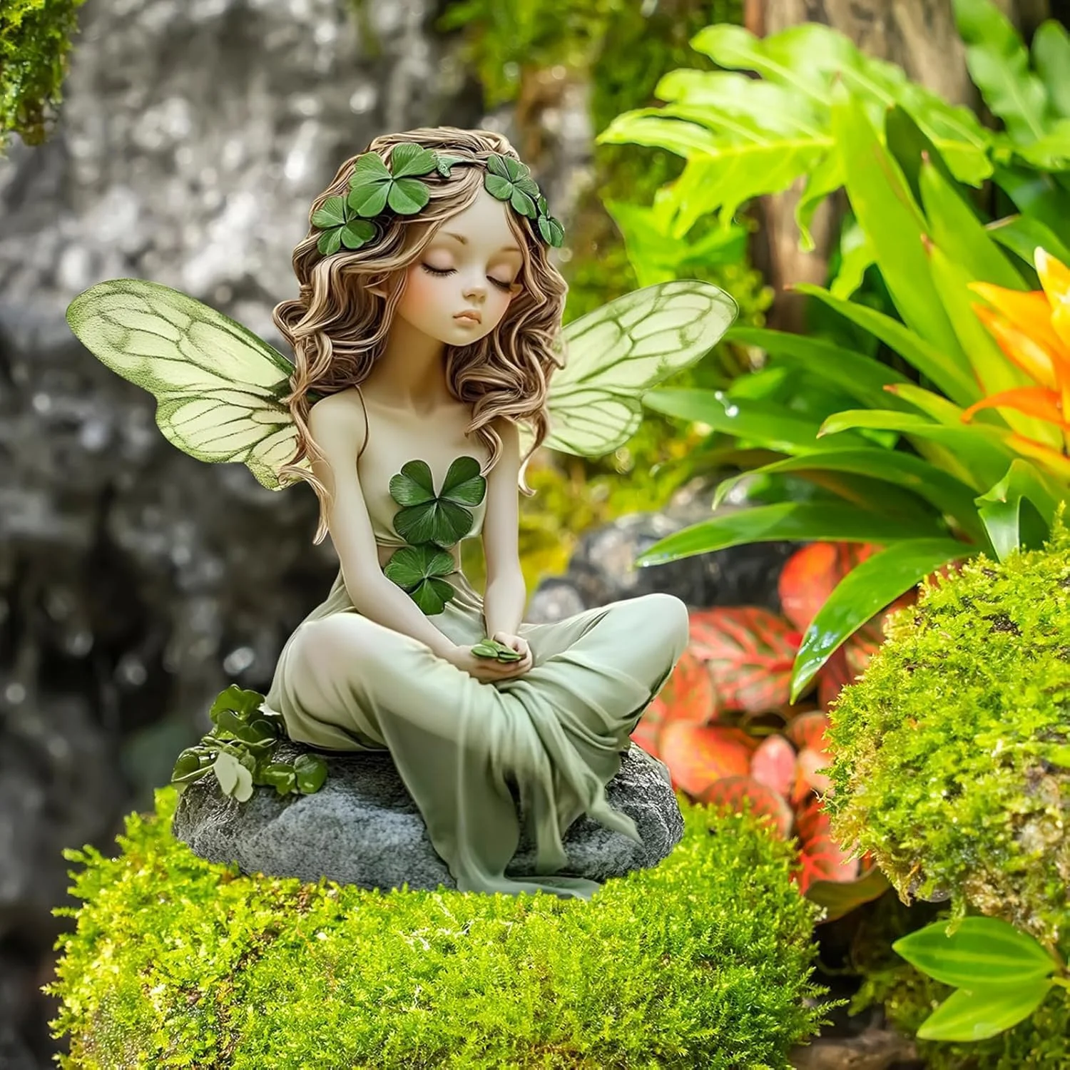 Fairy Garden Decorative Floor Insertion Clover Pattern Girl with Butterfly Wings Outdoor Terrace Decoration