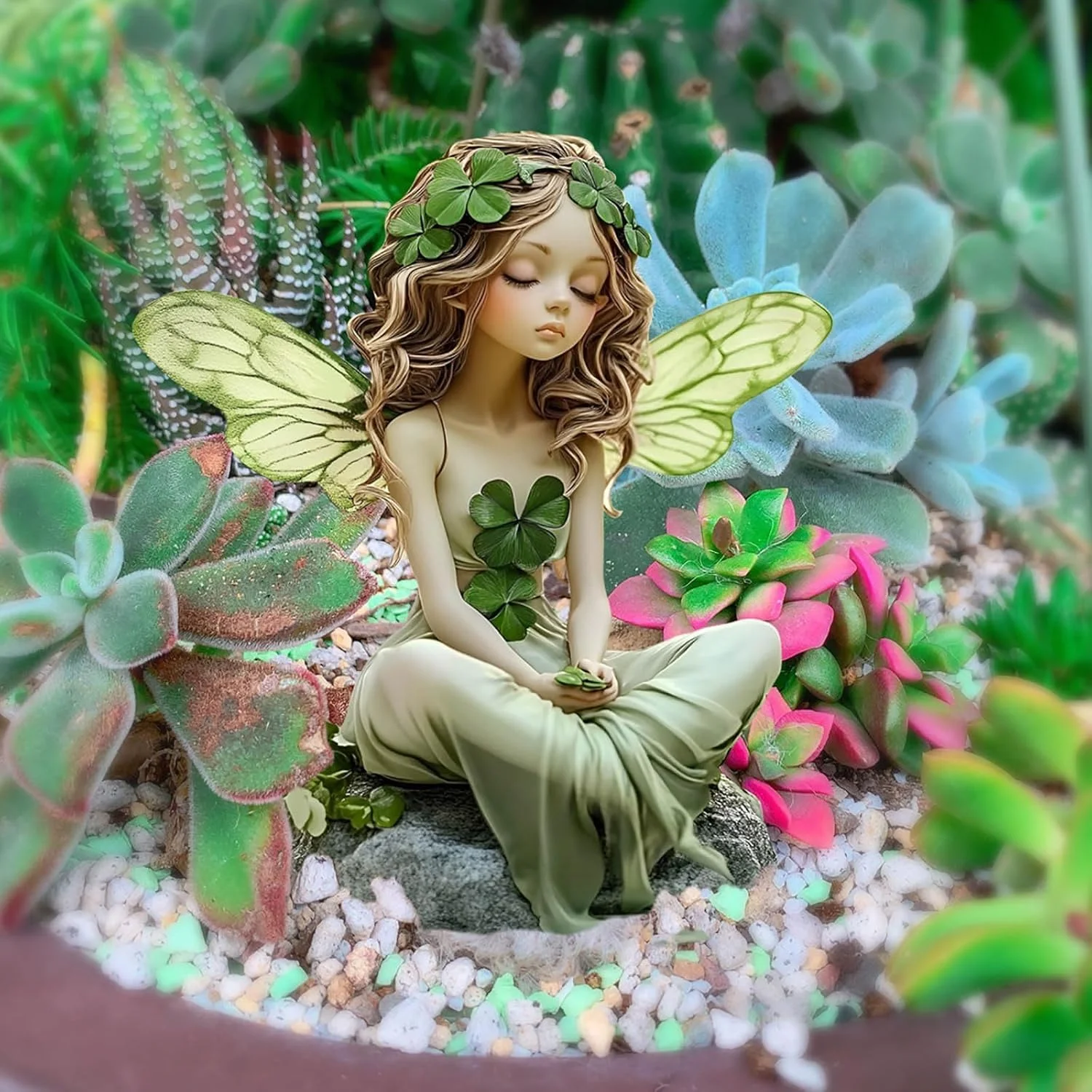 Fairy Garden Decorative Floor Insertion Clover Pattern Girl with Butterfly Wings Outdoor Terrace Decoration thumbnail 4
