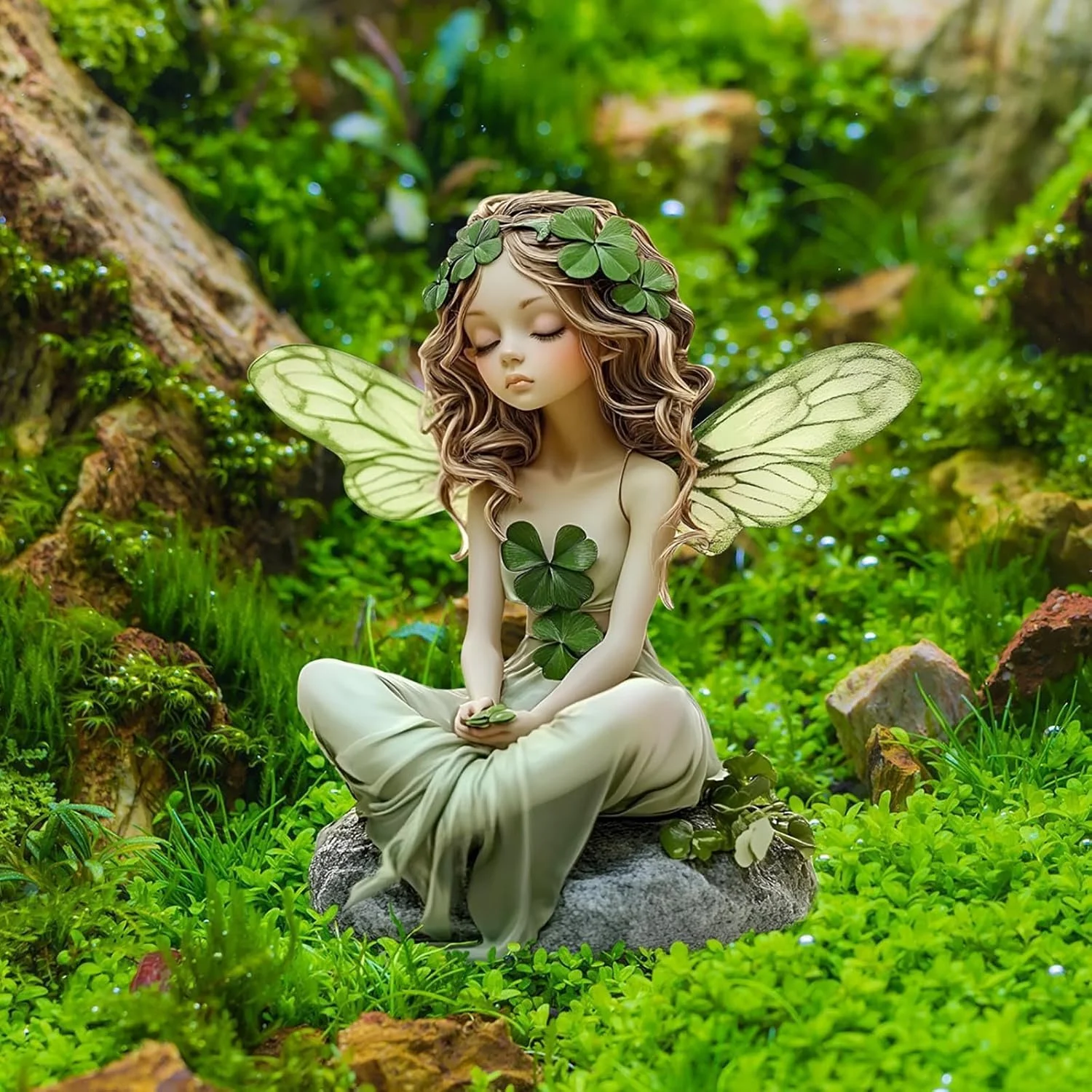 Fairy Garden Decorative Floor Insertion Clover Pattern Girl with Butterfly Wings Outdoor Terrace Decoration thumbnail 2