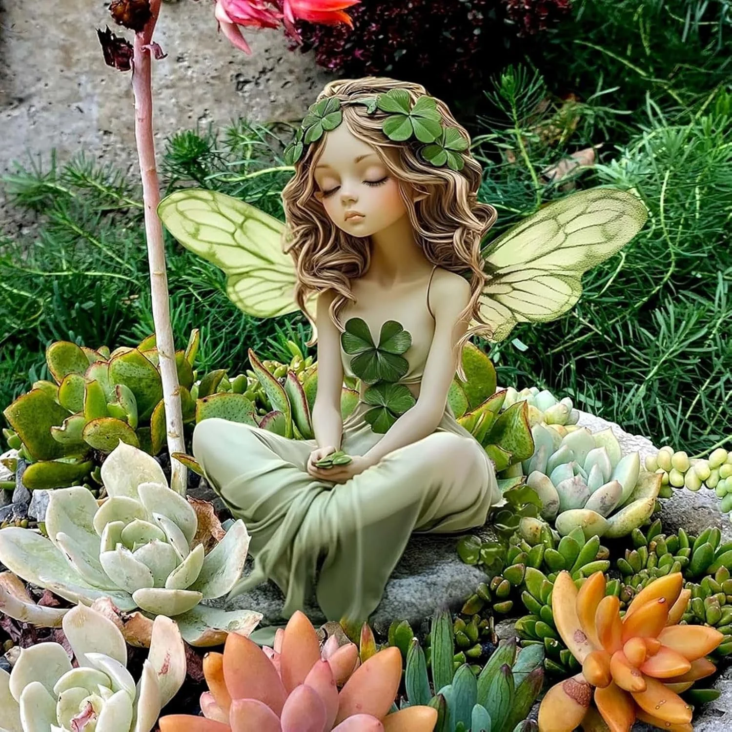 Fairy Garden Decorative Floor Insertion Clover Pattern Girl with Butterfly Wings Outdoor Terrace Decoration thumbnail 3