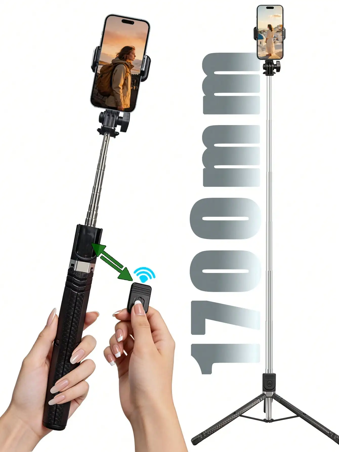 1700mm Extendable Selfie Stick Tripod with Bluetooth Remote, Foldable Phone Monopod for Stable Live Streaming & Vlogging