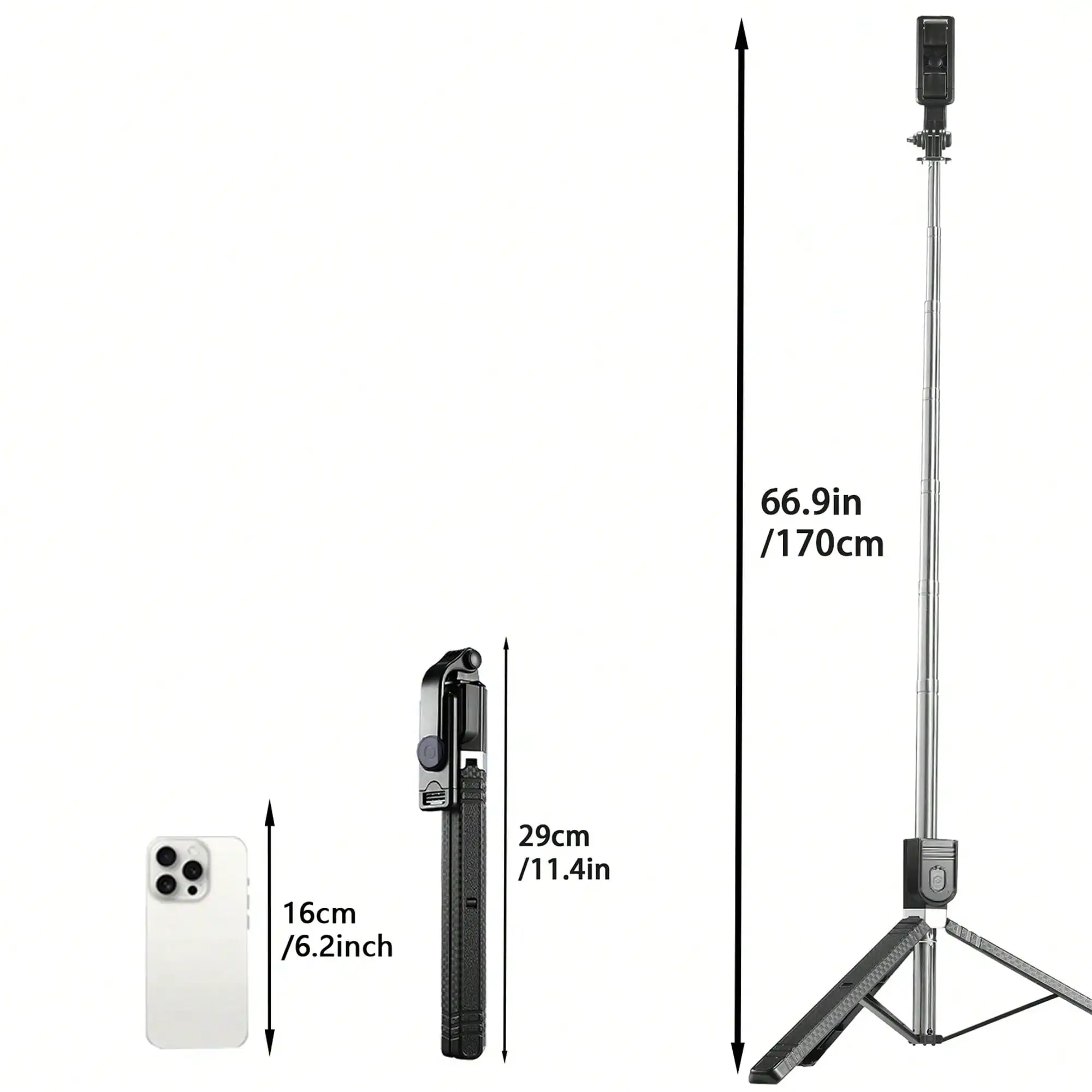 1700mm Extendable Selfie Stick Tripod with Bluetooth Remote, Foldable Phone Monopod for Stable Live Streaming & Vlogging thumbnail 5