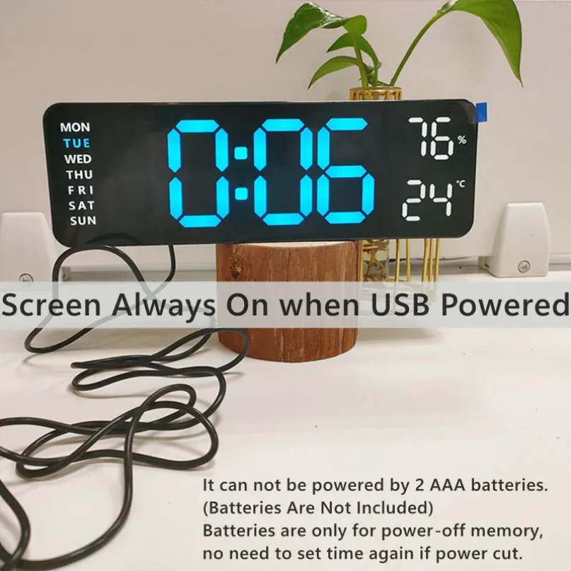 9 Inch Large Digital Wall Clock USB Powered TEMP Humidity Week Auto Dimmer DST Table Clock 12/24H Electronic LED Alarm Clock thumbnail 2
