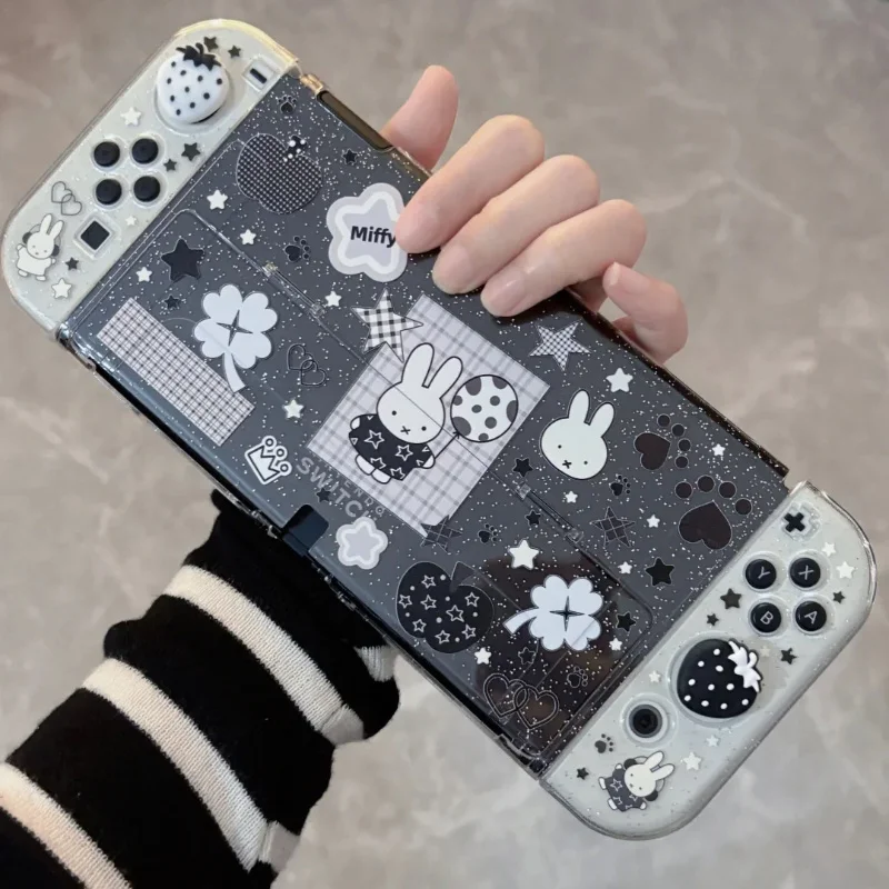 New In Stock Miffy Co-Branded Nintendo Switch OLED NS NS2 LITE Protective Case Glitter Handle Cover Transparent Black White Gift thumbnail 4
