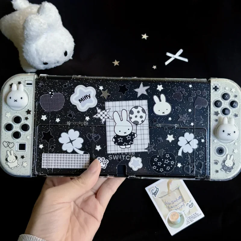 New In Stock Miffy Co-Branded Nintendo Switch OLED NS NS2 LITE Protective Case Glitter Handle Cover Transparent Black White Gift thumbnail 5