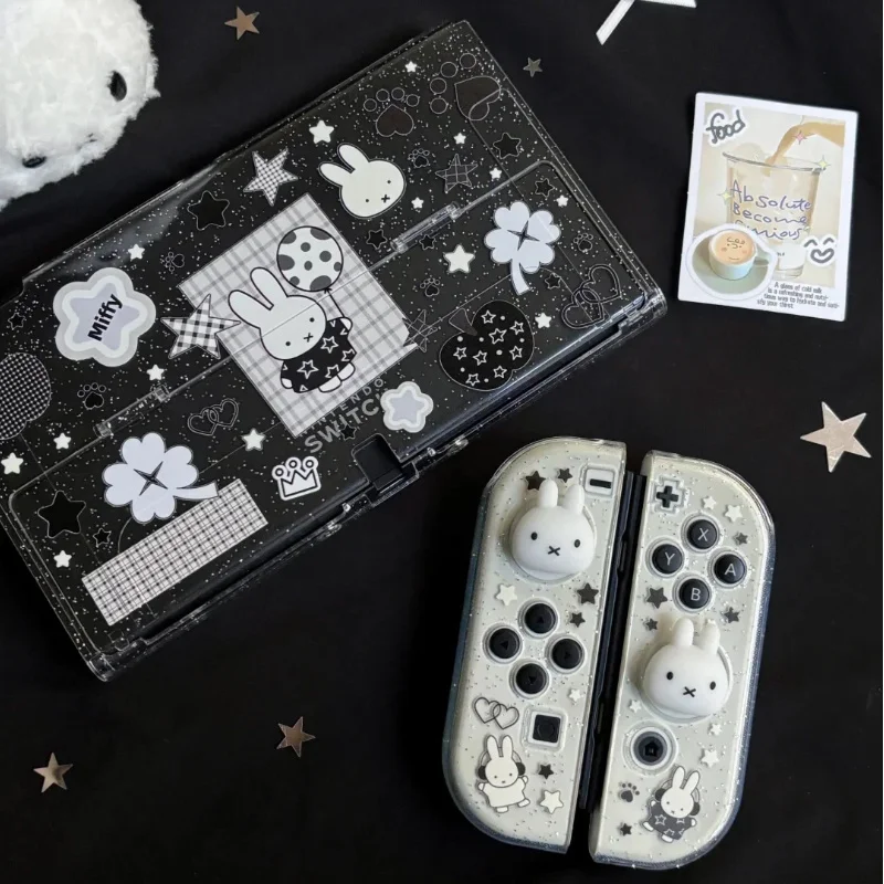 New In Stock Miffy Co-Branded Nintendo Switch OLED NS NS2 LITE Protective Case Glitter Handle Cover Transparent Black White Gift thumbnail 6
