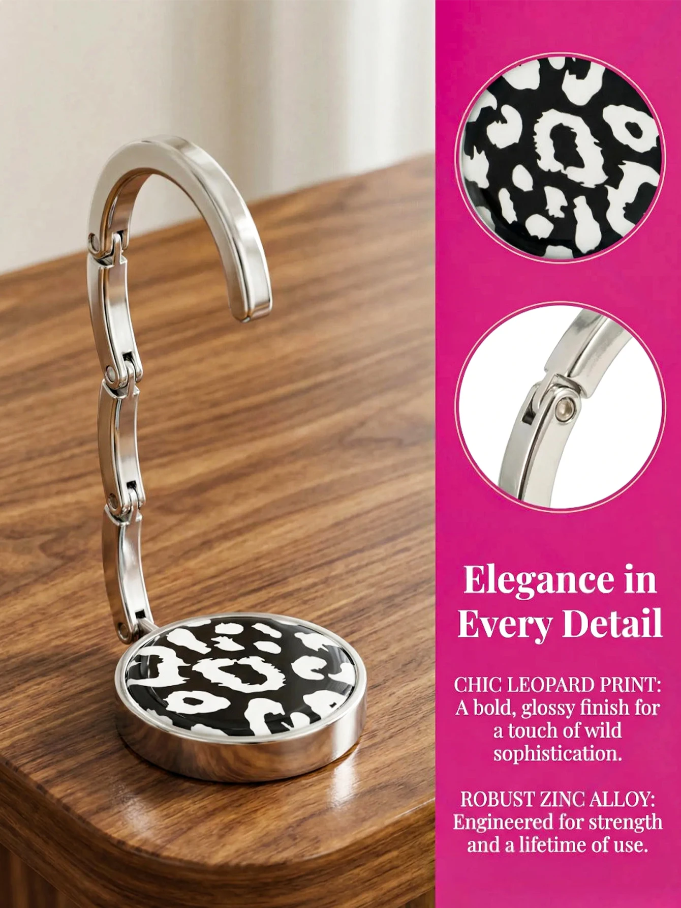 Modern Zinc Alloy Folding Purse Hook for Table Leopard Print Geometric Handbag Hanger Portable Desktop Bag Holder Women Office C thumbnail 3