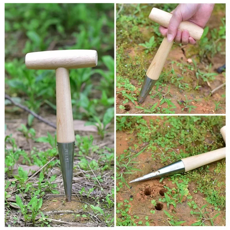 Horticultural Wood Handle Hole Drilling Stainless Steel Seeder Excavator Seedling Transplanting Flower Planting Seedling Planter thumbnail 3