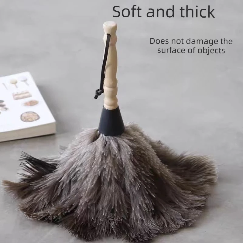 Ostrich Feather Duster with Wooden Handle Anti-static Dust Removal Brush for Home Office Furniture Daily Cleaning Tools