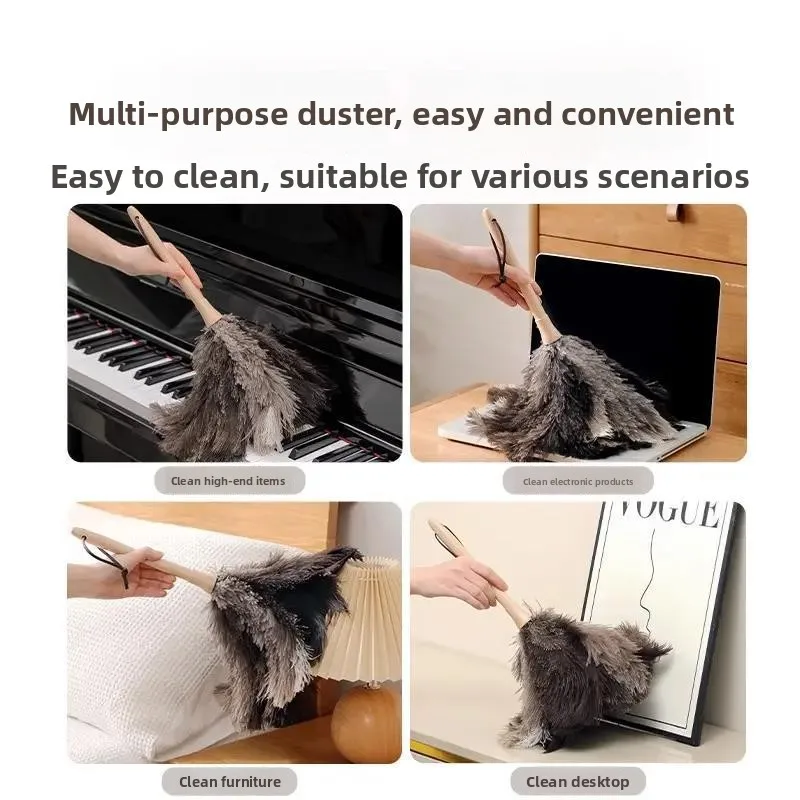 Ostrich Feather Duster with Wooden Handle Anti-static Dust Removal Brush for Home Office Furniture Daily Cleaning Tools thumbnail 2