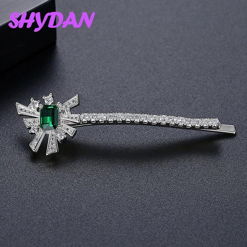 SHYDAN 925 Sterling Silver Green Zircon Hair Clip For Women Fashion Charm Jewelry