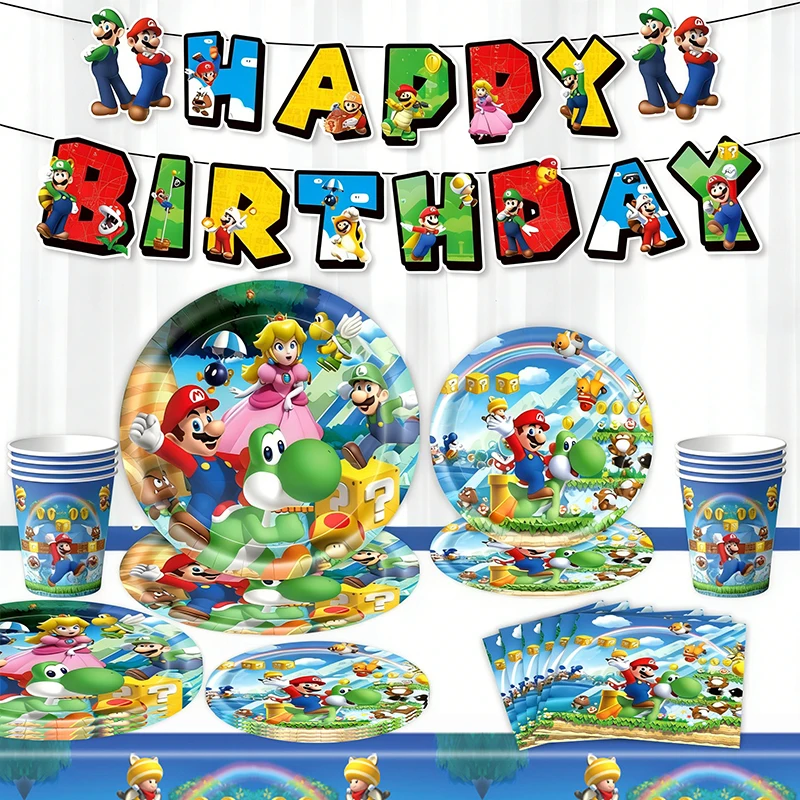 Cartoon Superbros Figure Image Disposable Tableware Birthday Party Decoration, Tableware Tablecloth Balloon Flag Party Supplies thumbnail 2