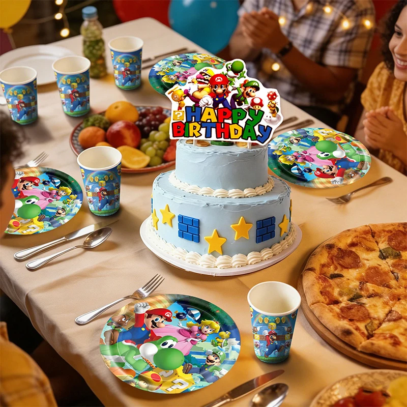 Cartoon Superbros Figure Image Disposable Tableware Birthday Party Decoration, Tableware Tablecloth Balloon Flag Party Supplies thumbnail 6