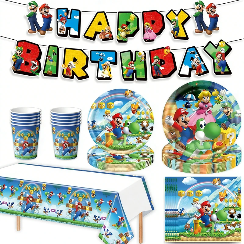 Cartoon Superbros Figure Image Disposable Tableware Birthday Party Decoration, Tableware Tablecloth Balloon Flag Party Supplies