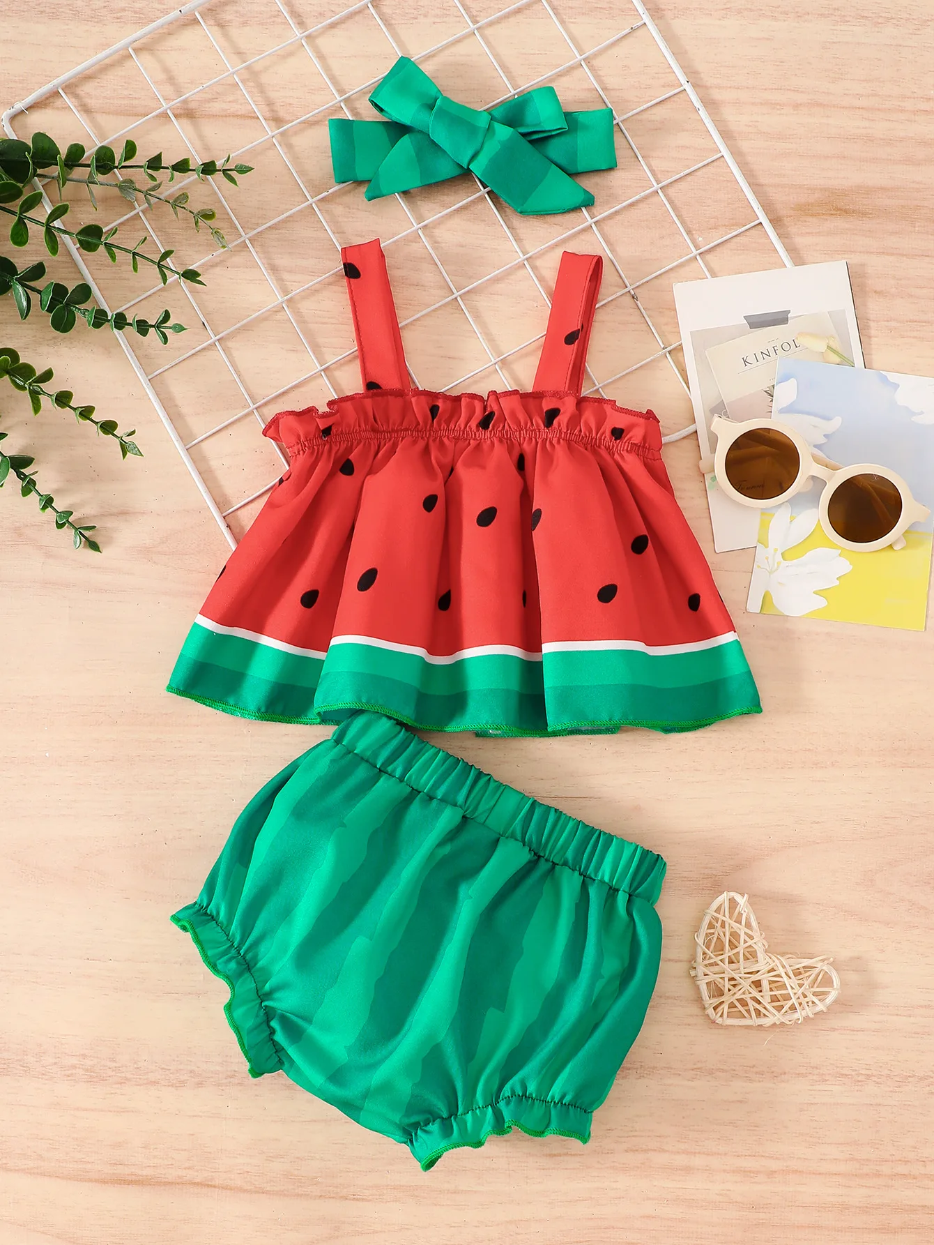 Baby Girl Watermelon Three-Piece Set: Suspender Dress, Shorts, Headband, Summer Cute Fruit-Themed Outfit thumbnail 2
